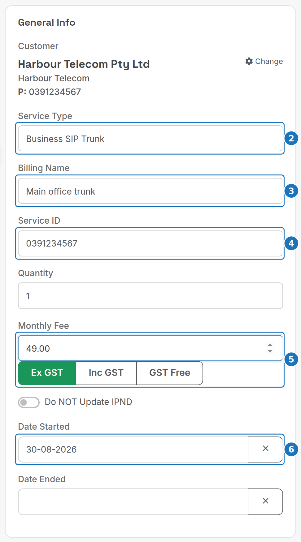 General Info card for a new service record