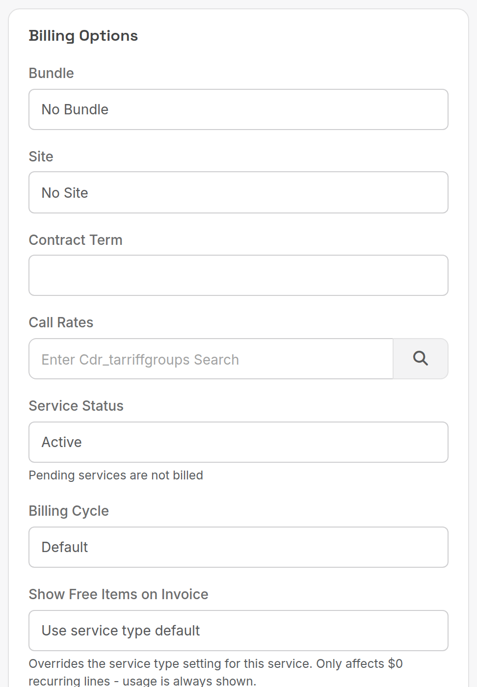 Billing Options card