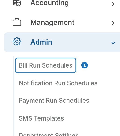 Admin menu with Bill Run Schedules highlighted