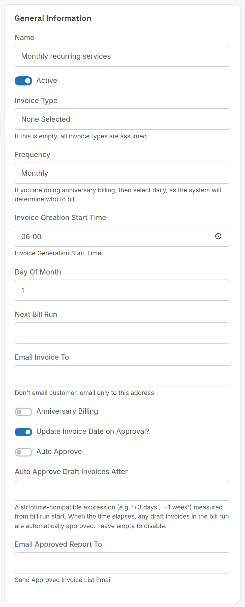 Bill run schedule form