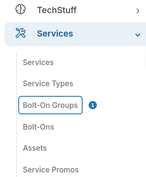 Services menu with Bolt-On Groups highlighted