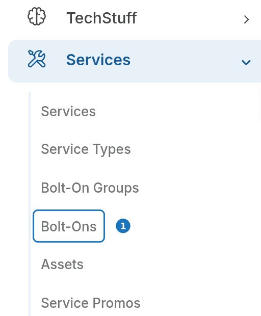 Services menu with Bolt-Ons highlighted