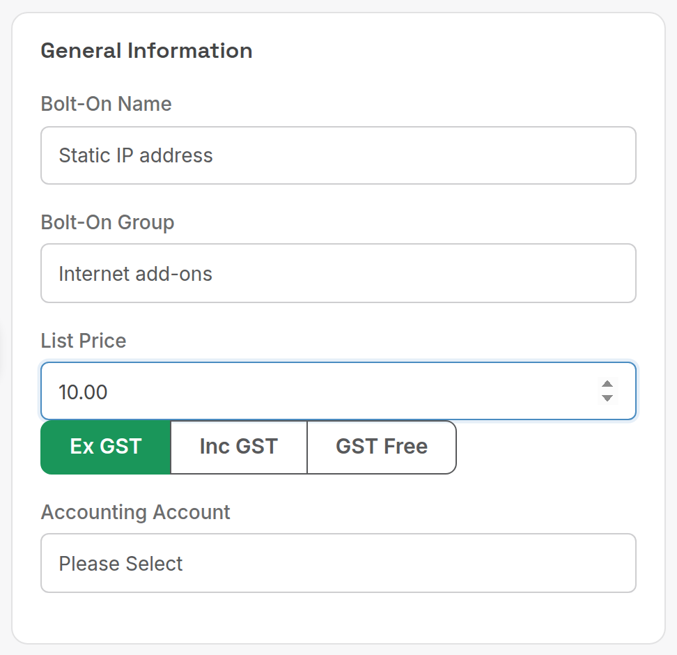 Bolt-On General Information card