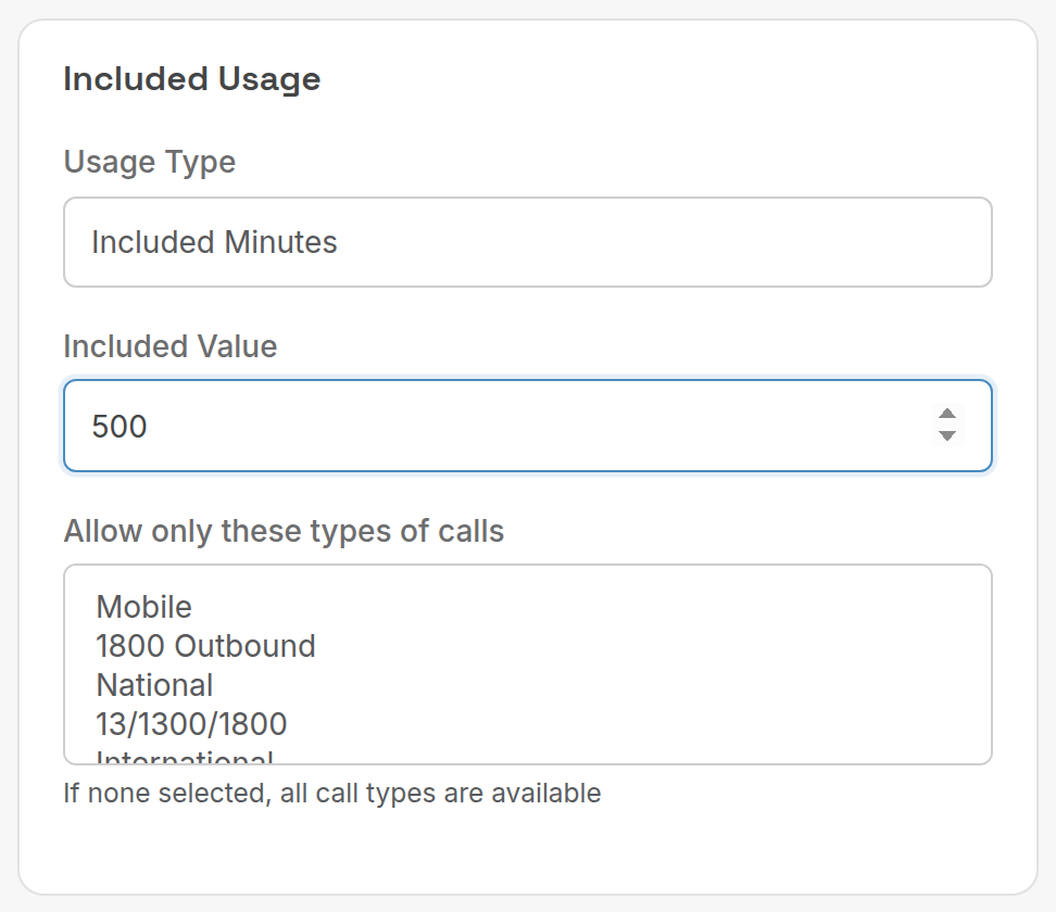 Included Usage card with 500 included minutes