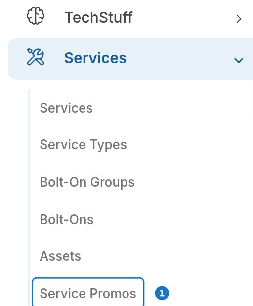 Services menu with Service Promos highlighted