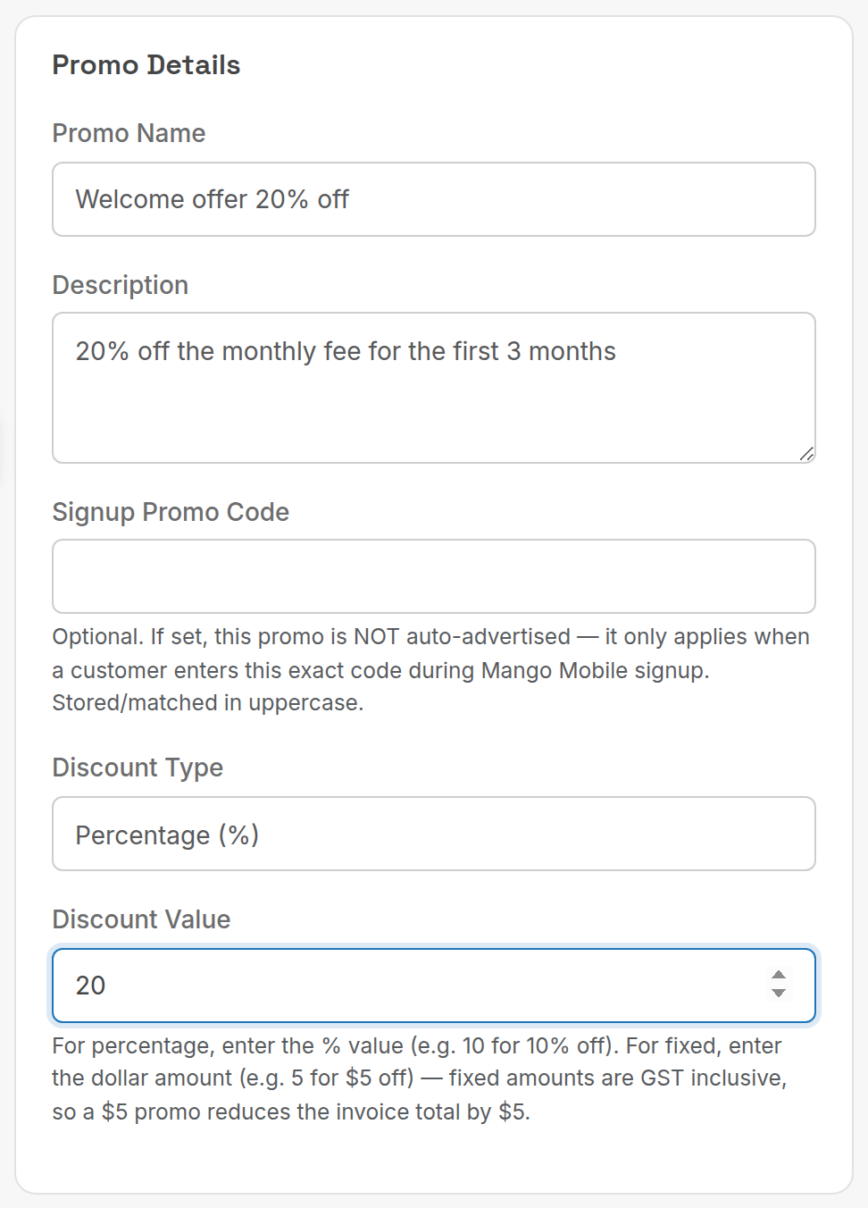 Promo Details card