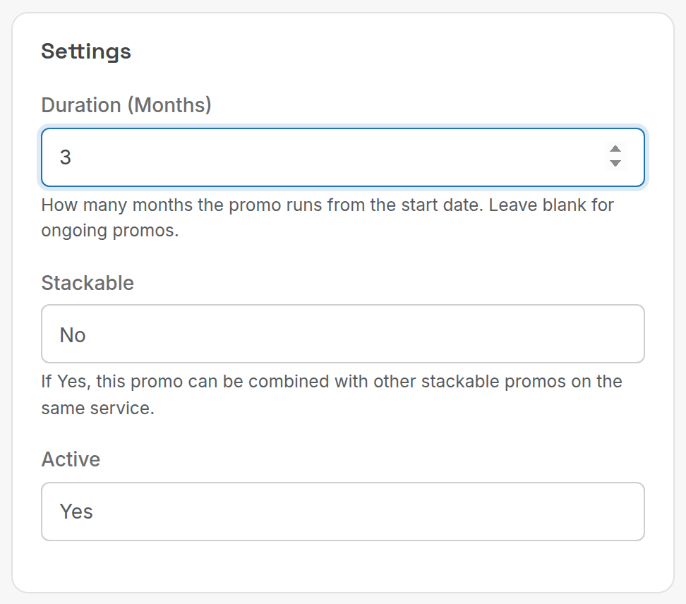 Promo Settings card
