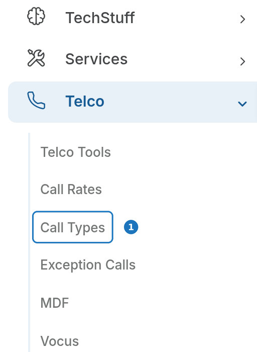 Telco menu with Call Types highlighted