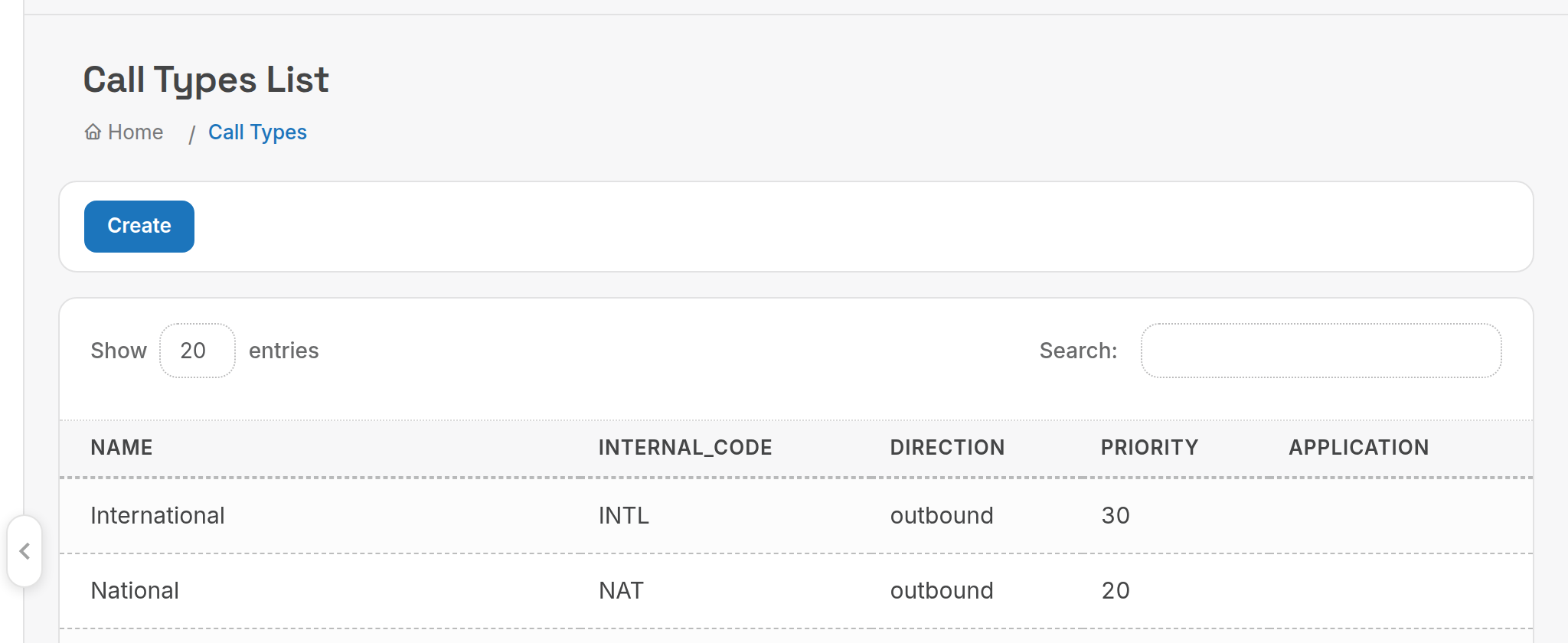 Call Types list