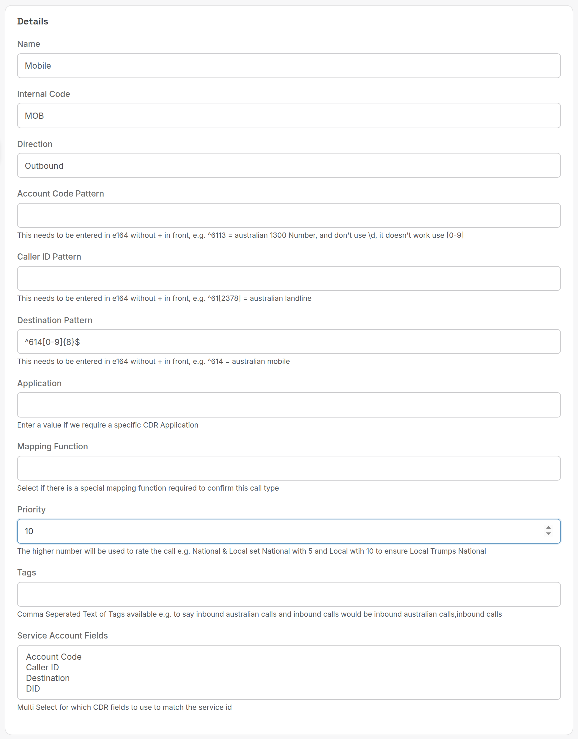 Call type form for Australian mobiles