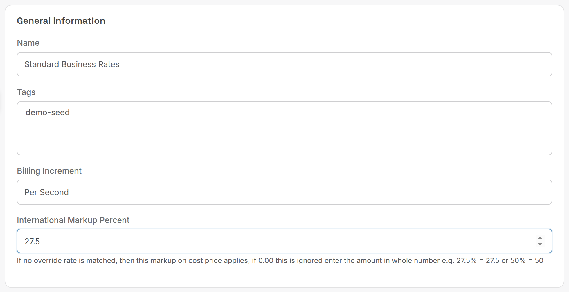 International Markup Percent on the rate card