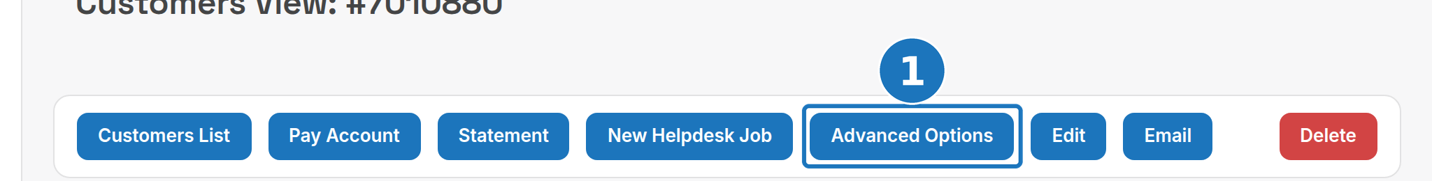 Customer action bar with the Advanced Options button