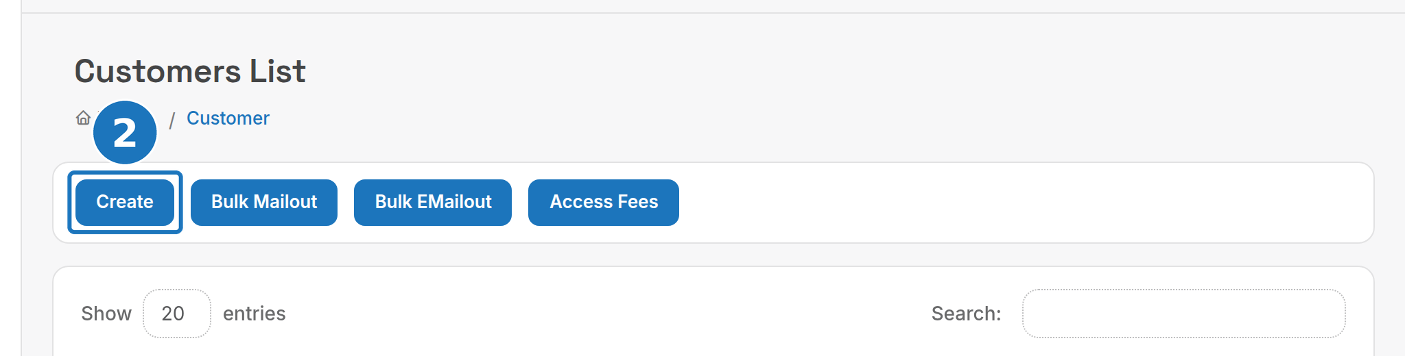 Customers list with the Create button