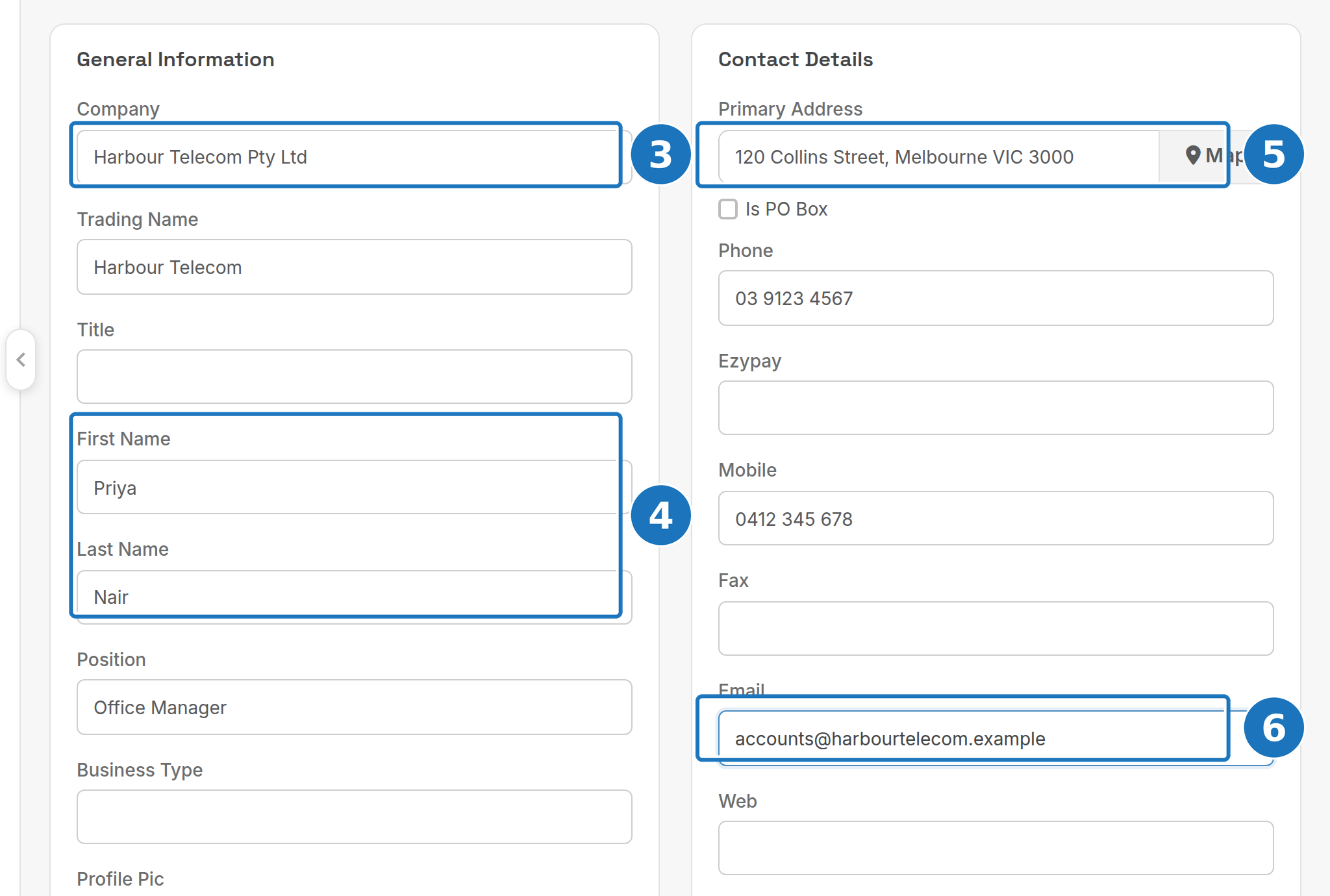 Customer form: General Information and Contact Details