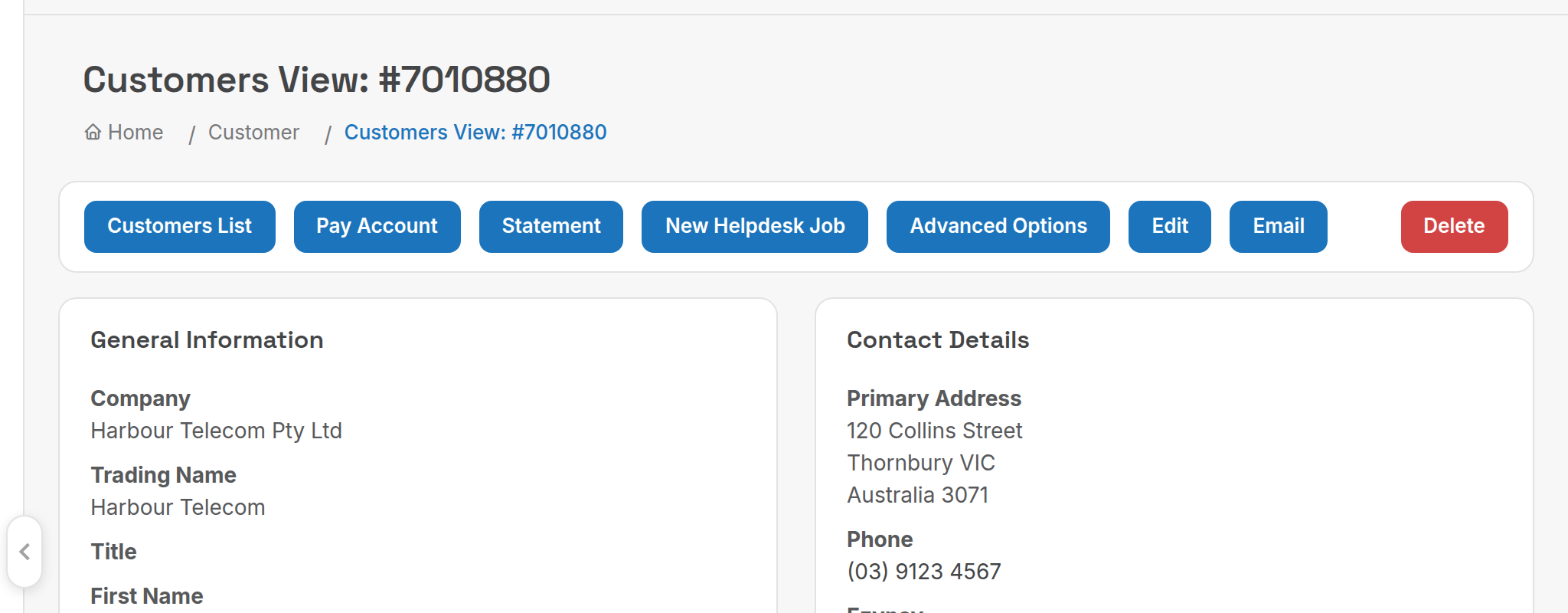 Customer view page after saving