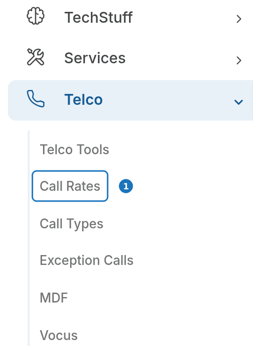Telco menu with Call Rates highlighted