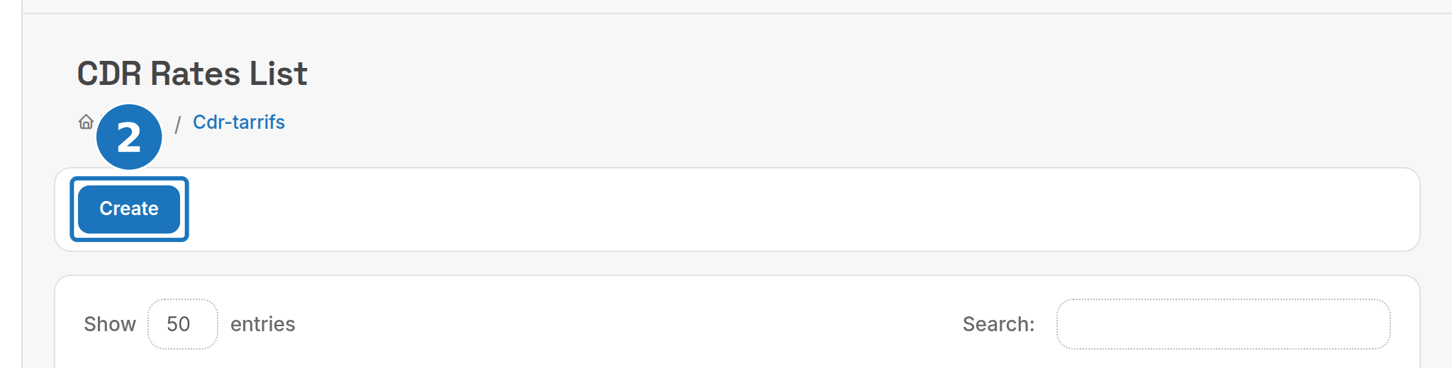 CDR Rates list with the Create button