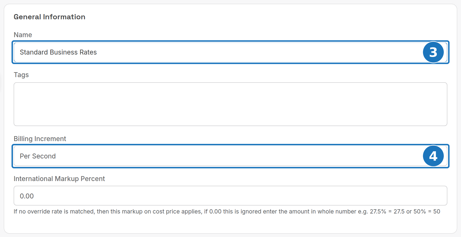 General Information card with Name and Billing Increment