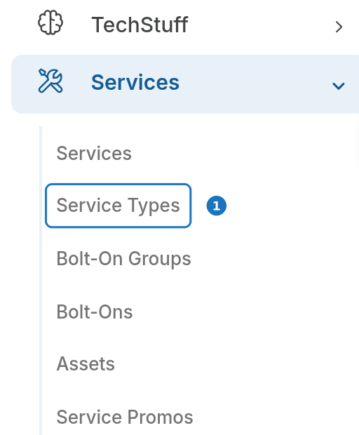 Services menu with Service Types highlighted