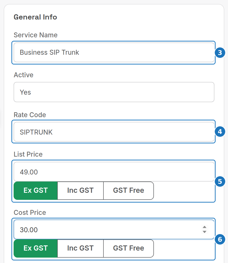General Info card with name, rate code and prices
