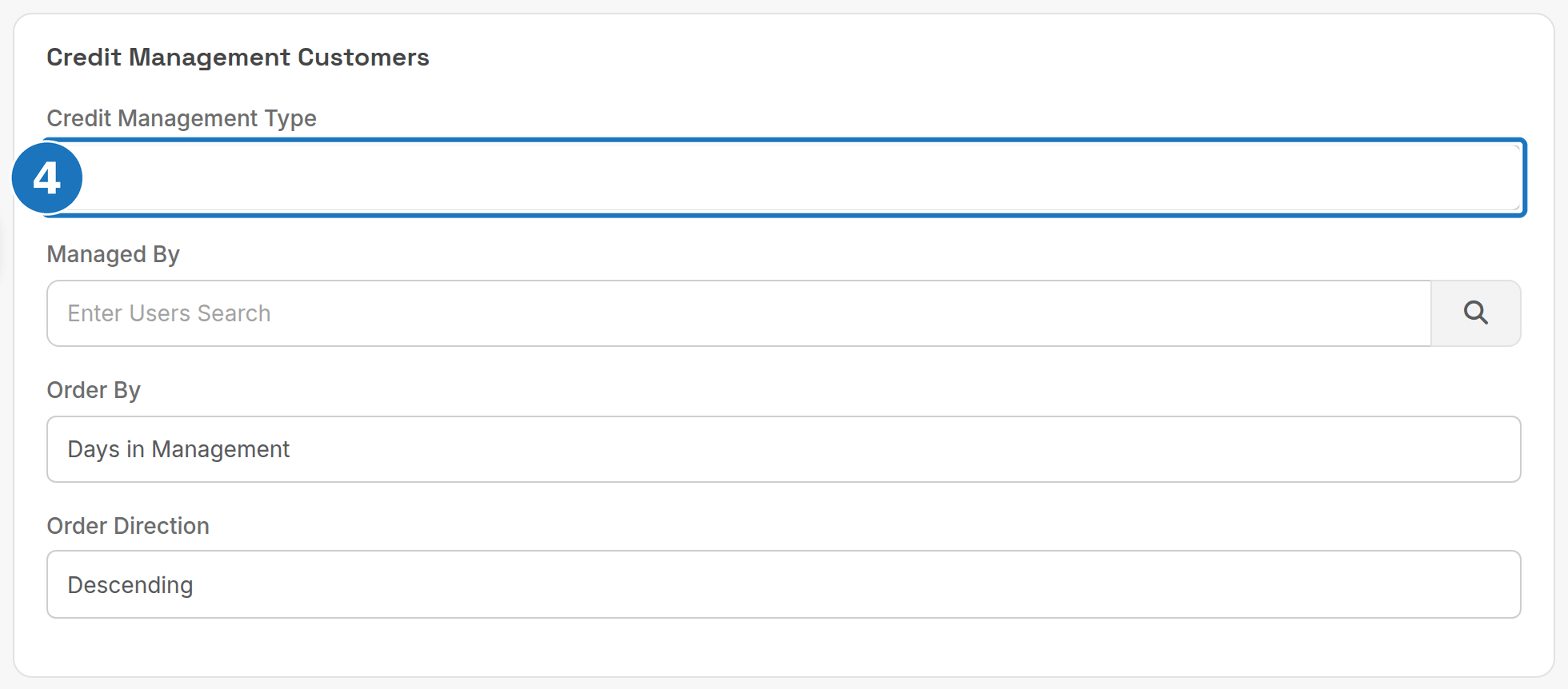 Credit Management Customers report filters