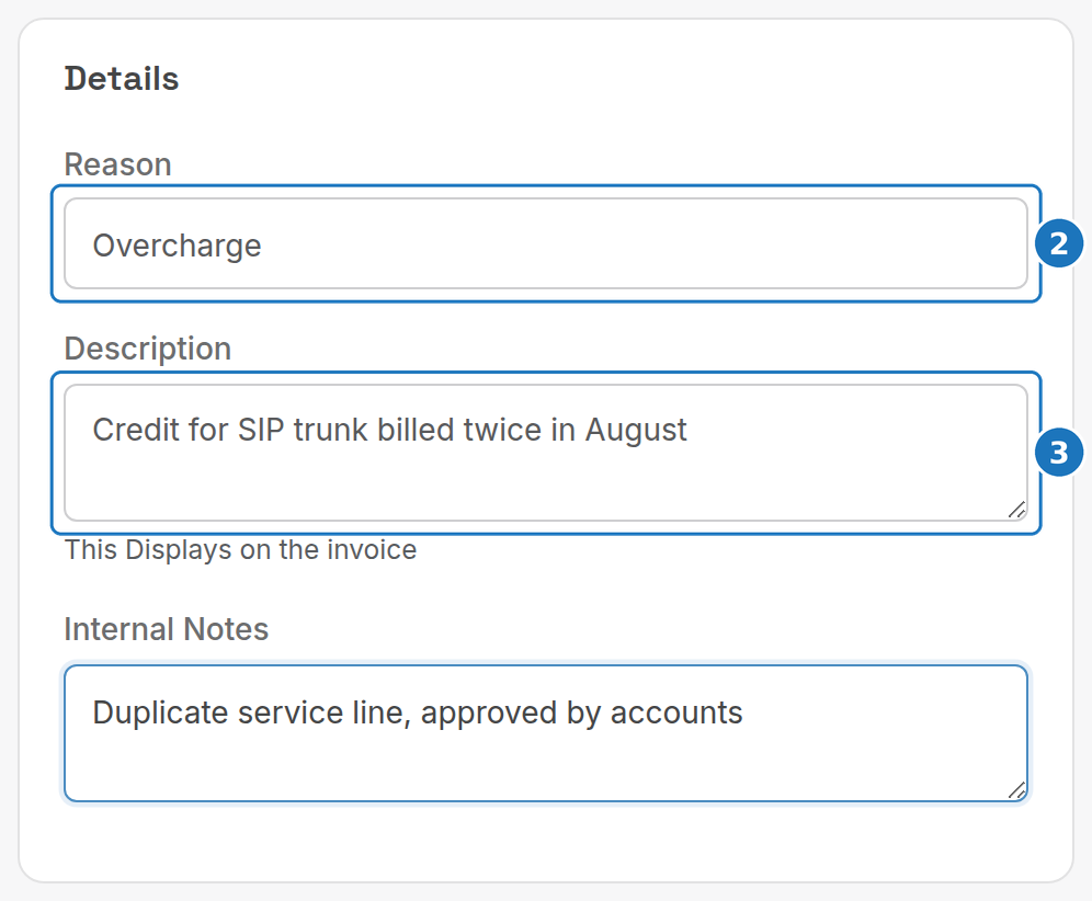 Credit note Details card