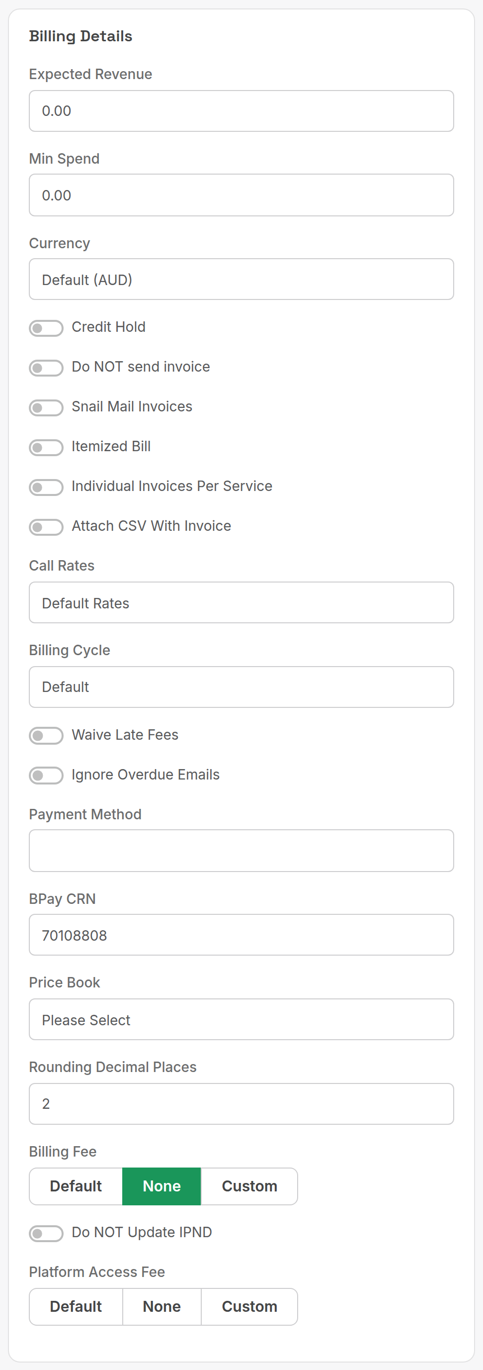 Billing Details card