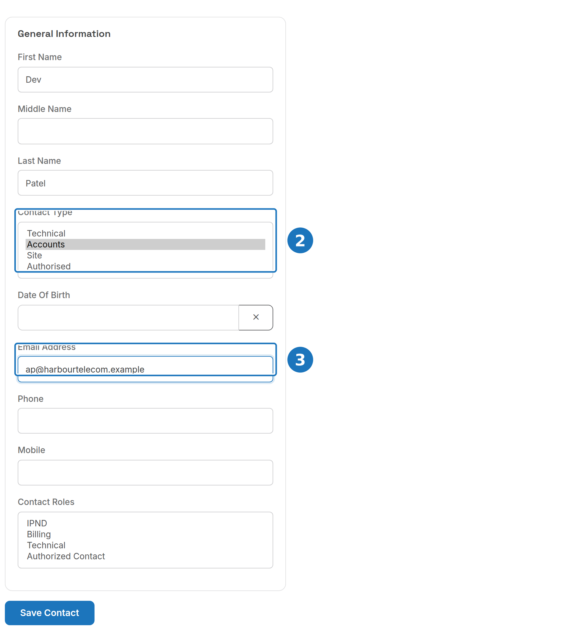 Contact form with Contact Type and Email Address