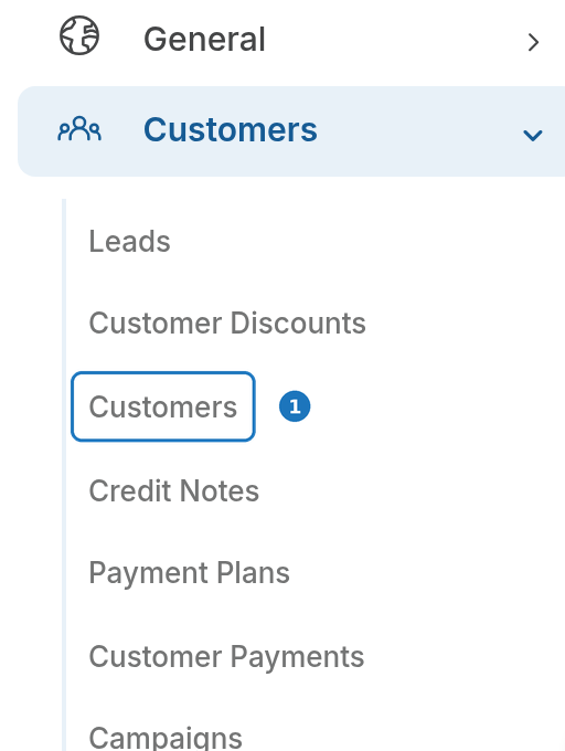 Customers menu with the Customers item highlighted