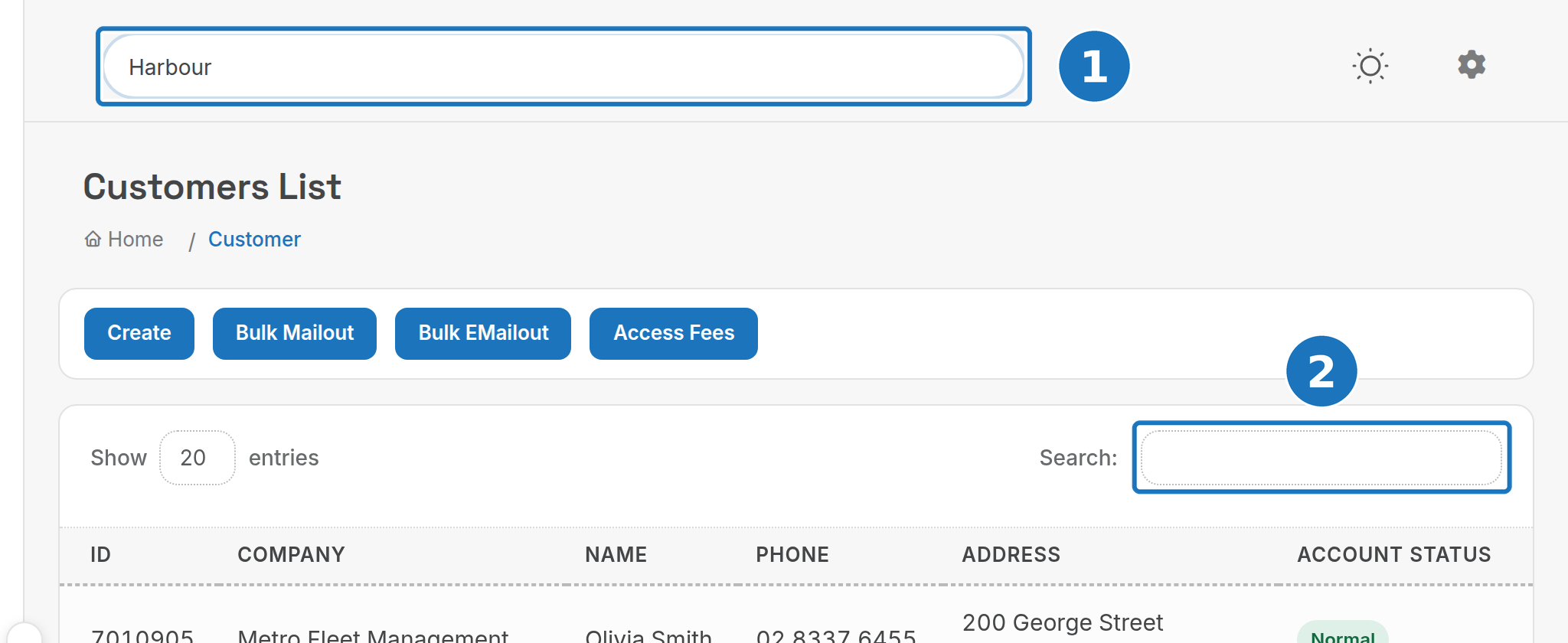 Global search bar and the customer list search box