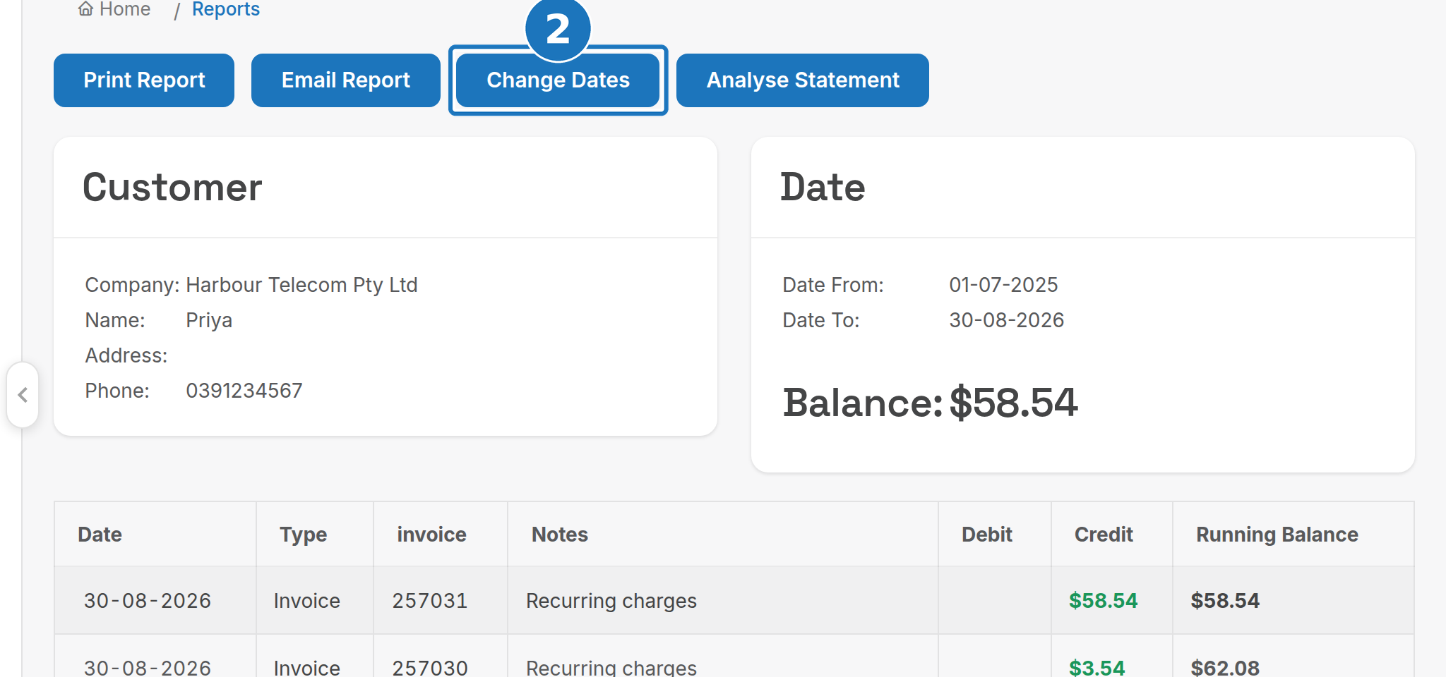 Statement page with the Change Dates button