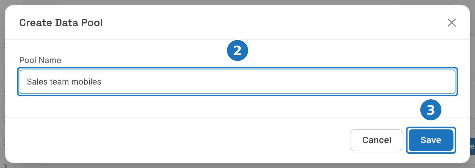 Create Data Pool dialog with the pool name filled in