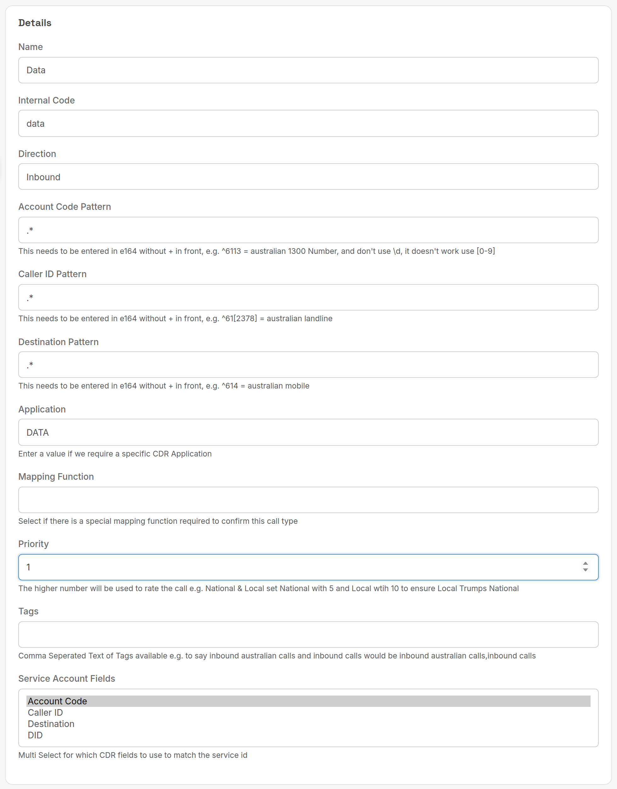 Call type form filled in for data usage