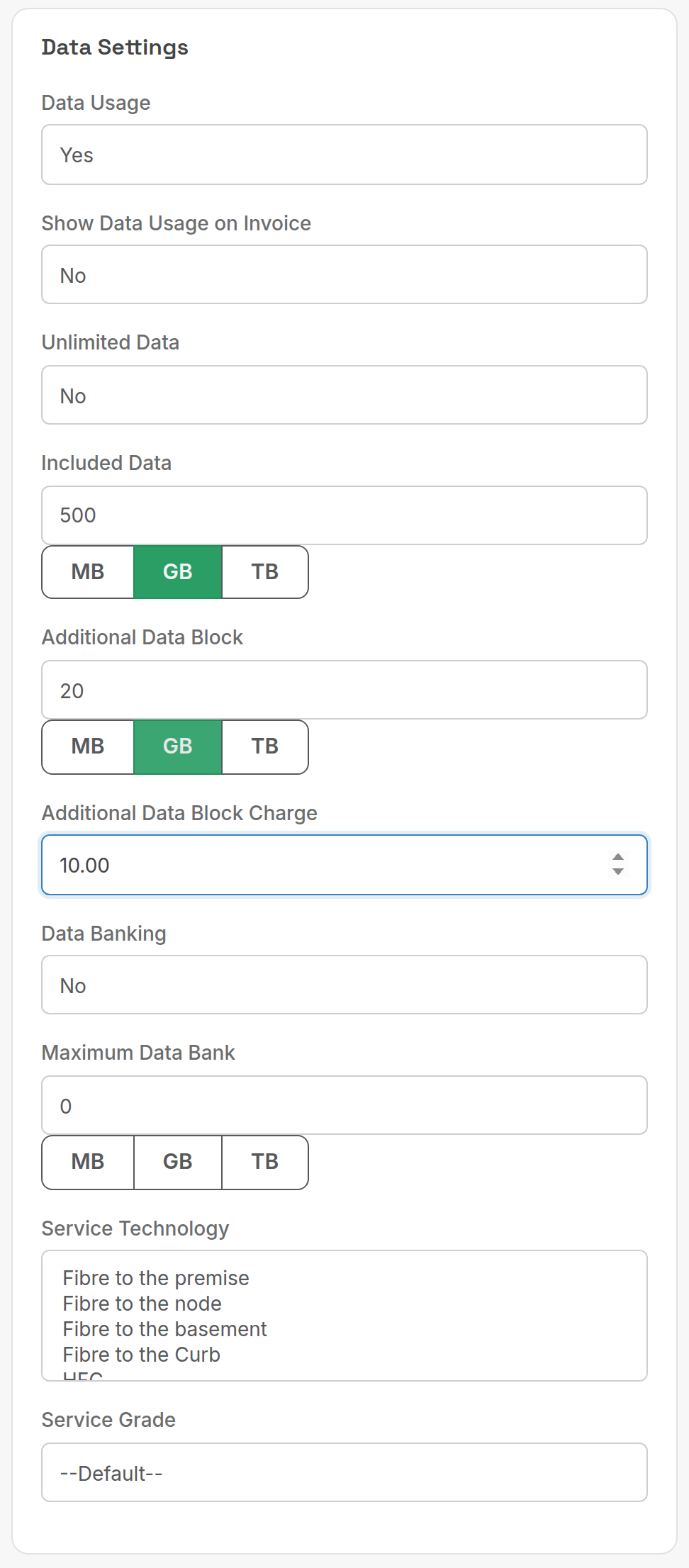 Data Settings card on a service type