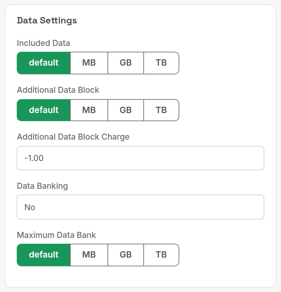 Data Settings on a service, all set to default