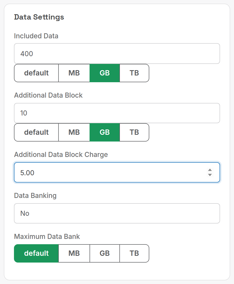 Data Settings on a service overriding the allowance and block price