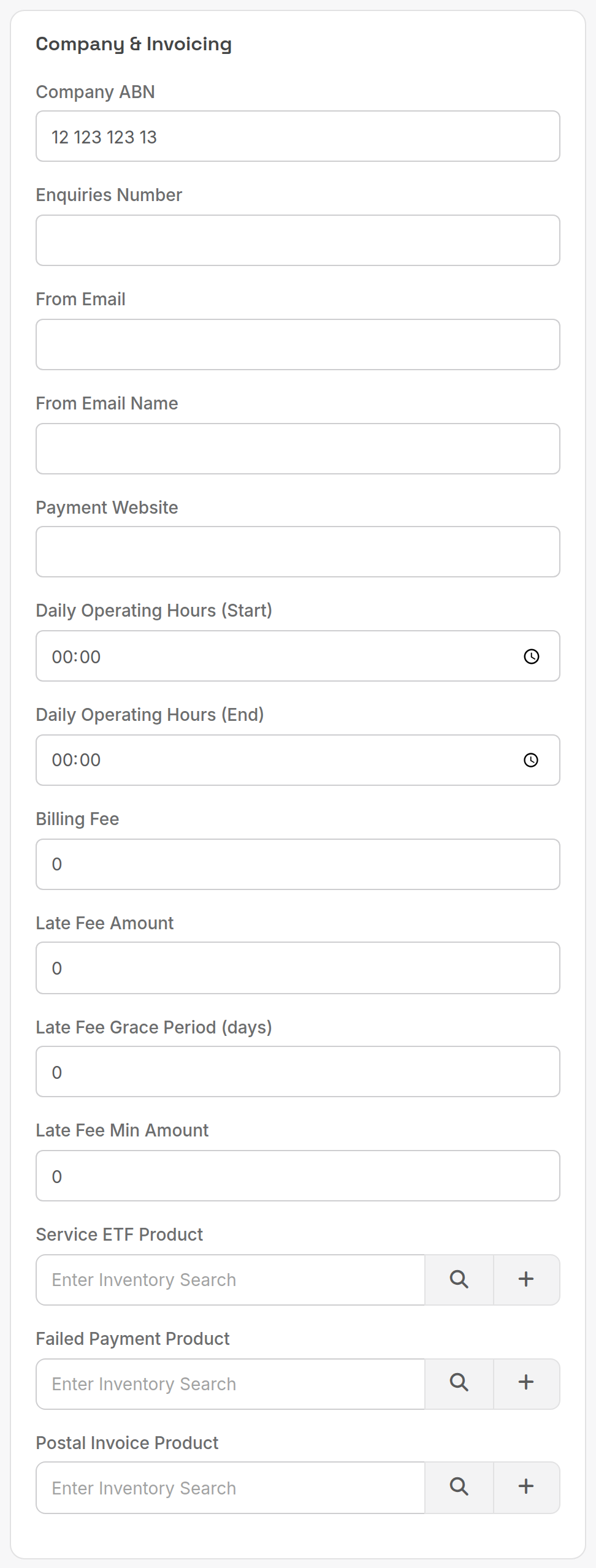 Company & Invoicing card