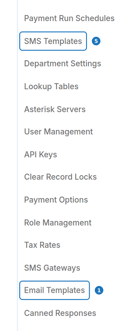 Admin menu with Email Templates and SMS Templates highlighted