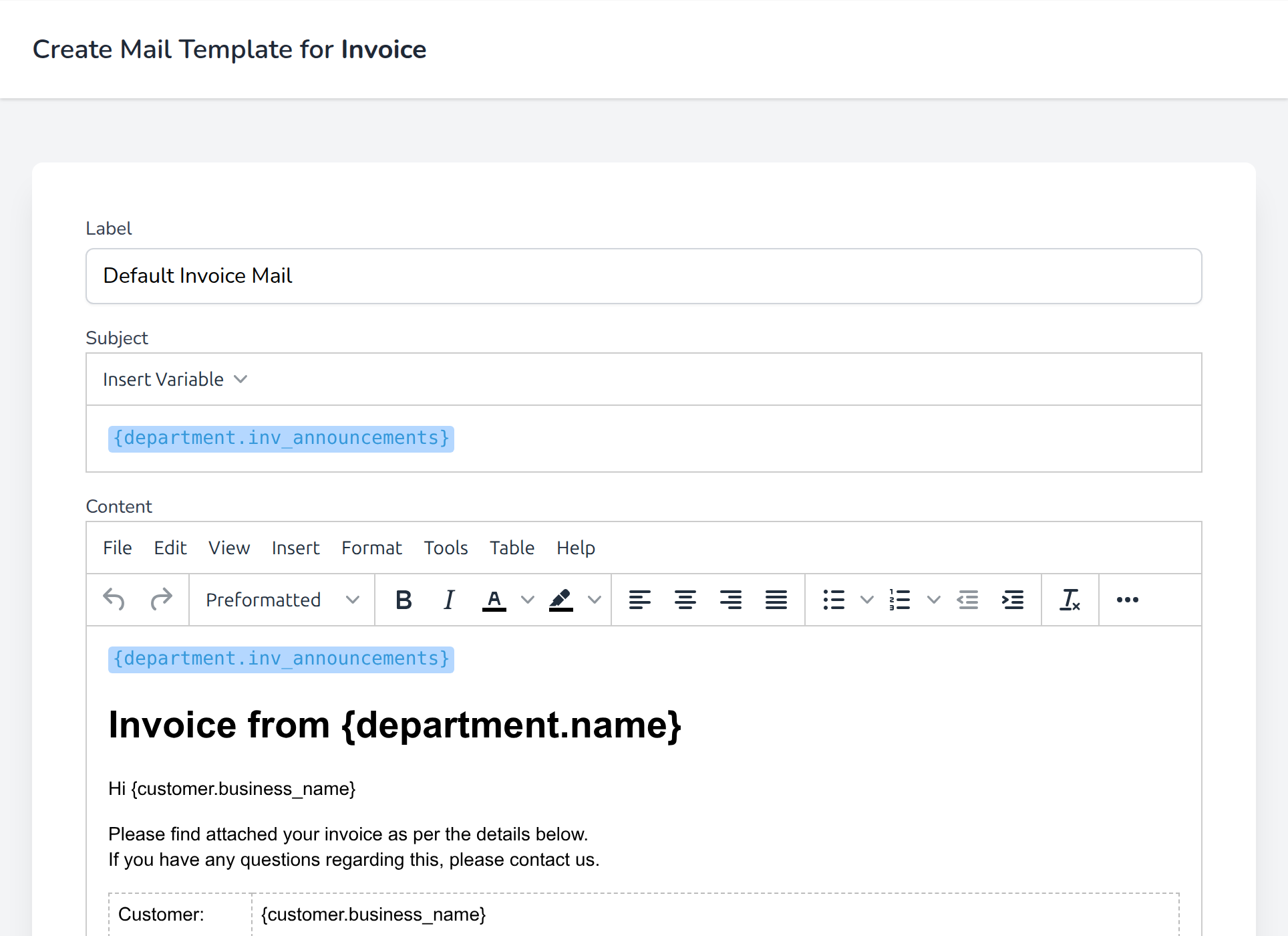 Create Mail Template for Invoice: label, subject and content