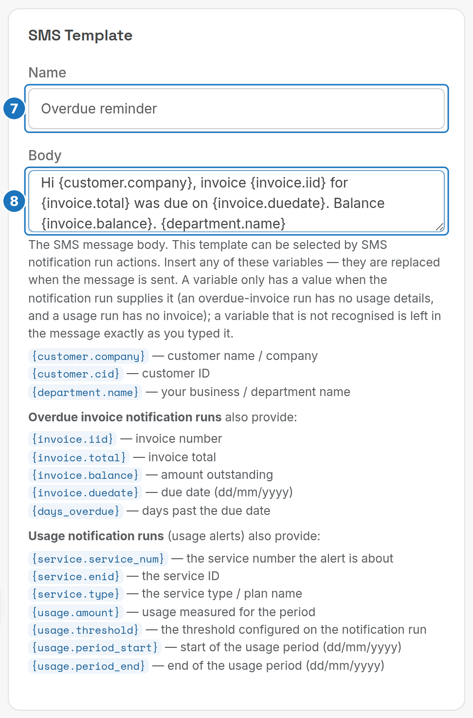 SMS Template form with Name and Body