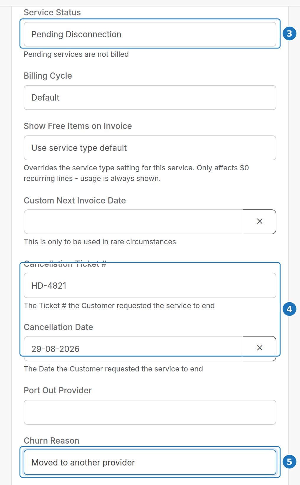 Billing Options with the cancellation fields filled in