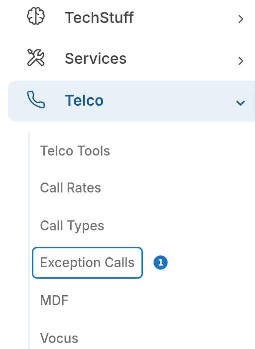 Telco menu with Exception Calls highlighted