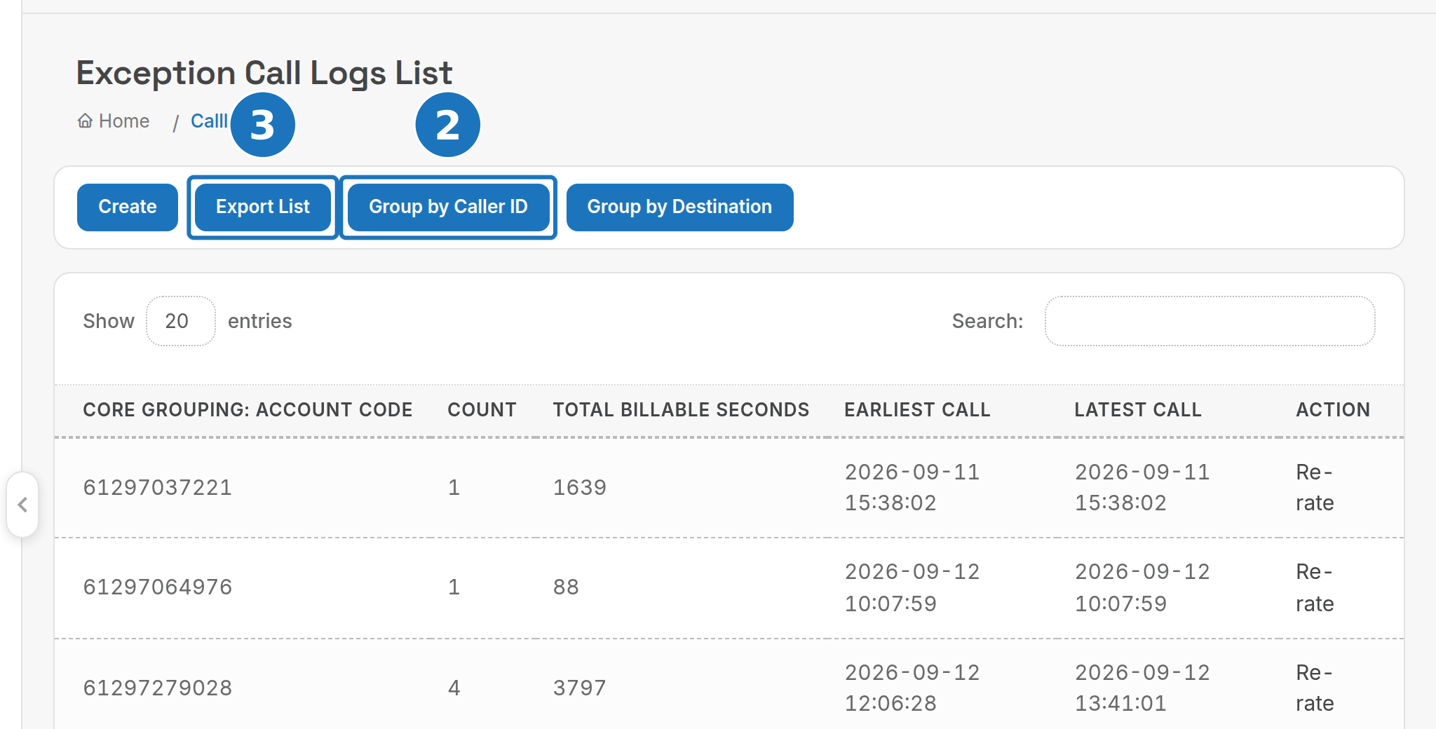 Exception Call Logs list with the Group by and Export List buttons