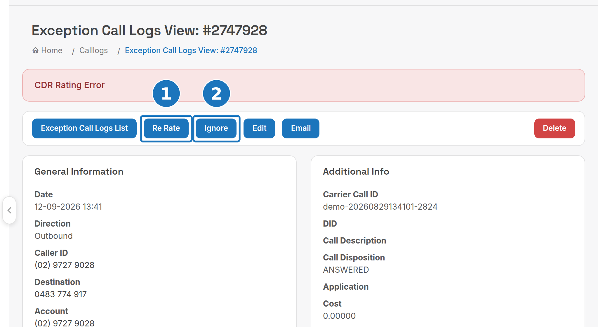 Exception call view with Re Rate and Ignore buttons