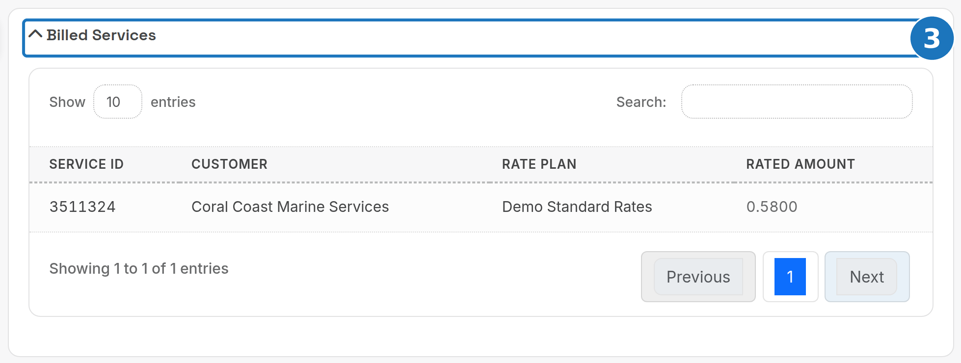 Billed Services panel on a rated call