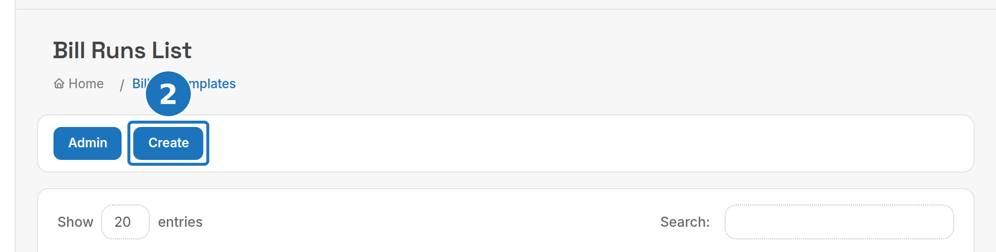 Bill Runs list with the Create button