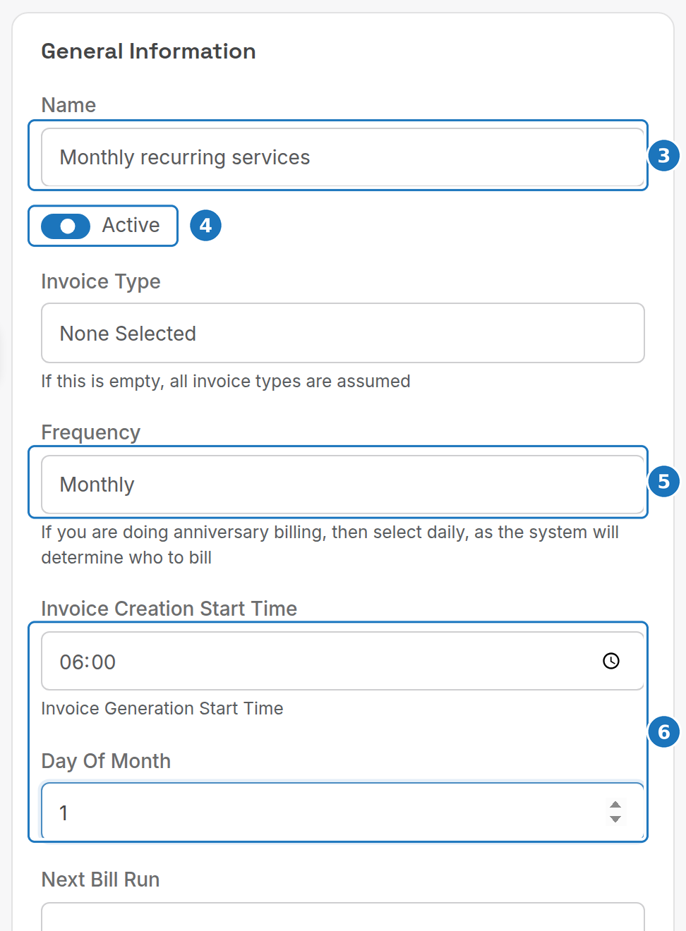 Bill run schedule form