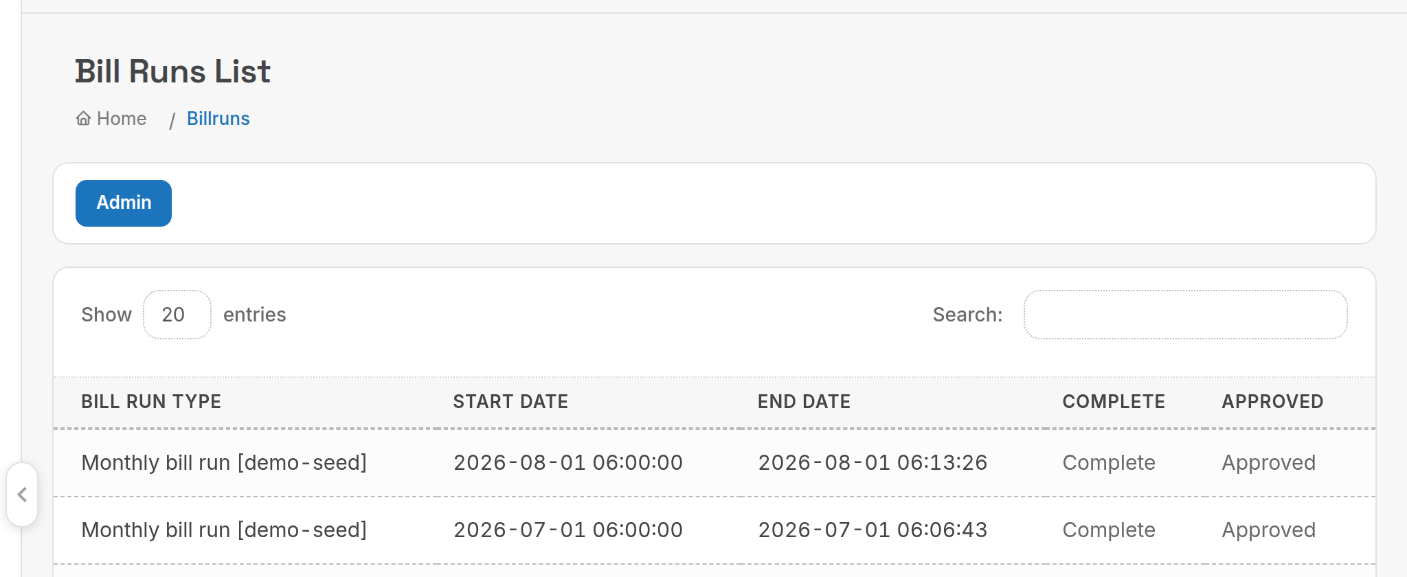 Bill Runs list showing completed and approved runs