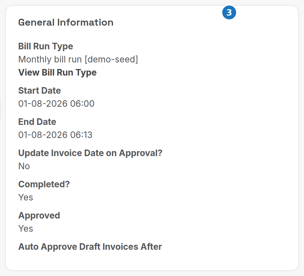 A completed, approved bill run with the Download Billrun CSV button