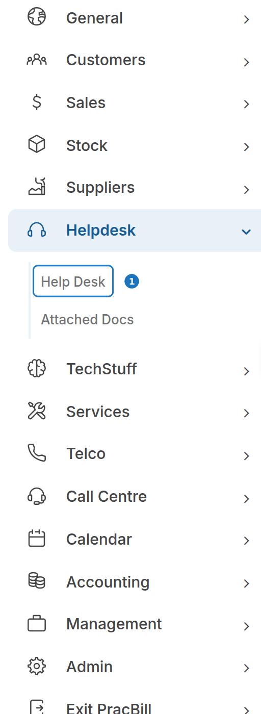 Helpdesk menu with Help Desk highlighted